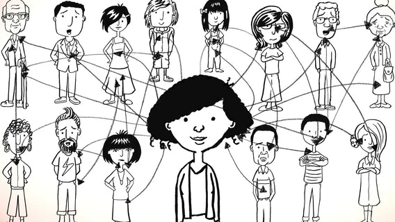 Sketch of a woman standing among a crowd and arrows drawn to illustrate her connections to others