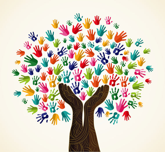 Illustration of a tree with colorful handprints as leaves, growing from two brown hands representing the trunk. Conveys unity and diversity.