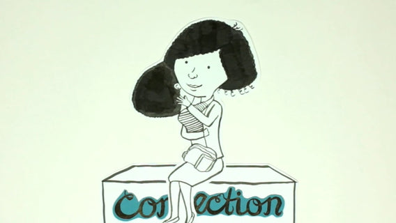 Illustration of a smiling woman sitting on a block labeled 