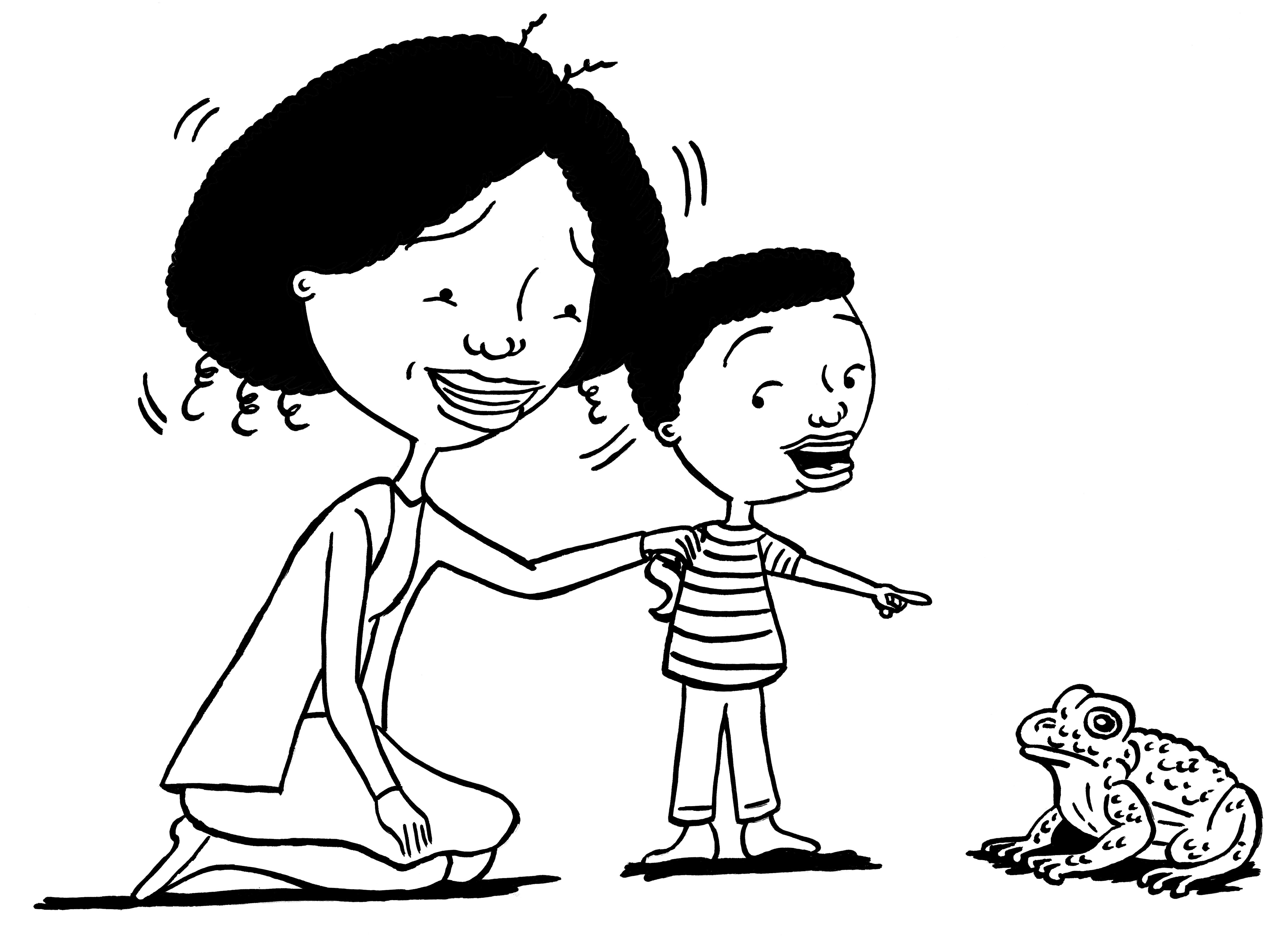 Illustration of a mother and her son smiling and pointing at a frog