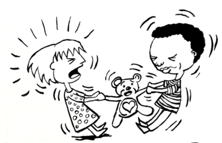 illustration of kids fighting over a teddy bear